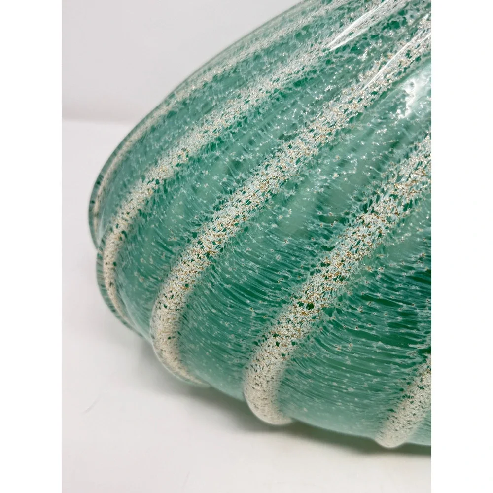Art Glass Ribbed Urchin Vase 17x11 Teal Green Gold Fleck Coastal MCM Decor